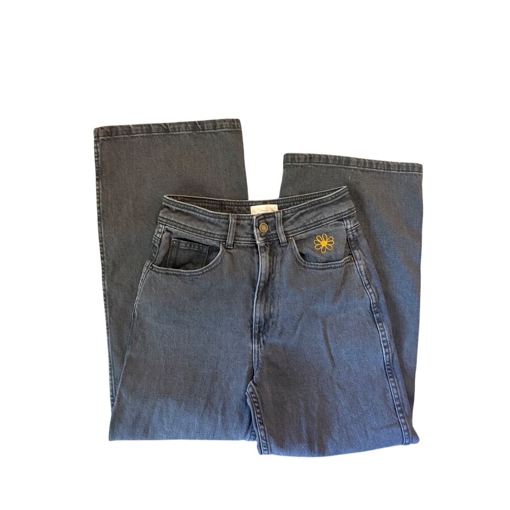 Sezane Black Wash Wide Leg Jeans Flower Embroidered Size 36 US 4